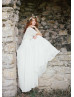 Elbow Sleeve Beaded Ivory Lace Chiffon Wedding Dress